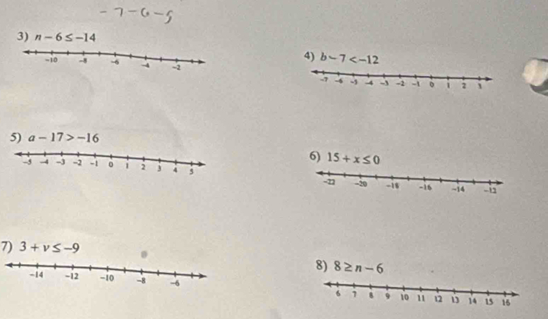 n-6≤ -14
4) b-7
5) a-17>-16
7) 3+v≤ -9
8) 8≥ n-6