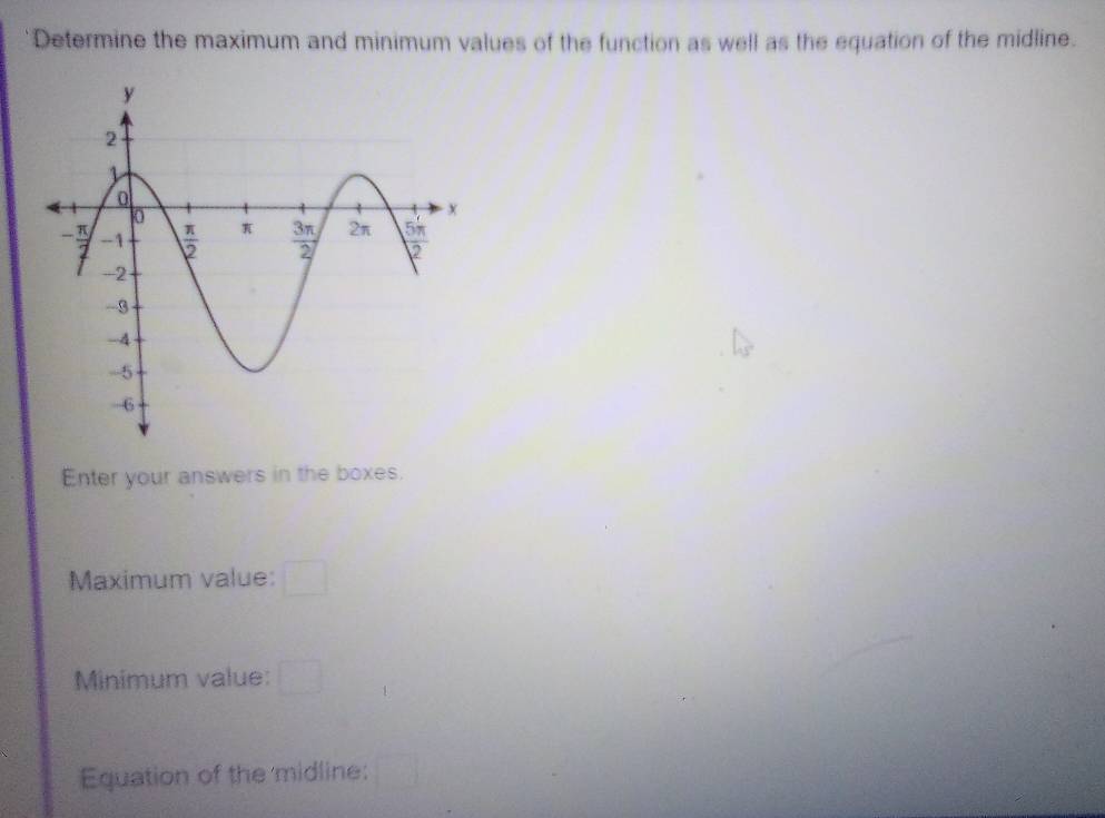 Determine the maximum and minimum values of the function as well as the equation of the midline.
Enter your answers in the boxes.
Maximum value:
Minimum value:
Equation of the midline: