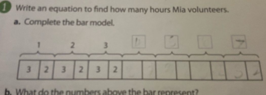 Write an equation to find how many hours Mia volunteers. 
a. Complete the bar model. 
b. What do the numbers above the bar represent?