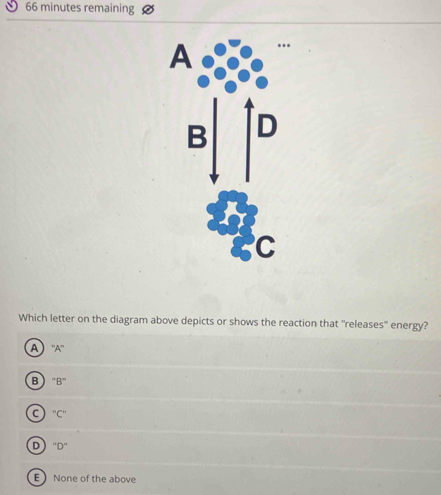 minutes remaining
Which letter on the diagram above depicts or shows the reaction that "releases" energy?
A ''A'
B  "B"
c) ''C''
D '' D '
E None of the above