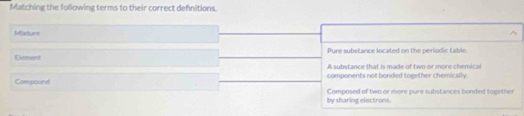 Matching the following terms to their correct defnitions.
Mixture
Pure substance located on the periodic table.
Element A substance that is made of two or more chemical
components not bonded together chemically.
Compound Composed of two or more pure substances bonded together
by sharing electrons.