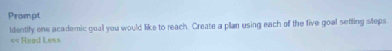 Prompt 
Identify one academic goal you would like to reach. Create a plan using each of the five goal setting steps. 
« Read Less