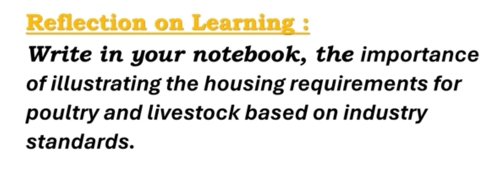 Reflection on Learning : 
Write in your notebook, the importance 
of illustrating the housing requirements for 
poultry and livestock based on industry 
standards.