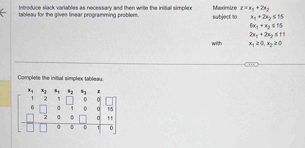 Introduce slack variables as necessary and then write the initial simplex Maximize z=x_1+2x_2
tableau for the given linear programming problem. subject to x_1+2x_2≤ 15
6x_1+x_2≤ 15
2x_1+2x_2≤ 11
with x_1≥ 0,x_2≥ 0
Complete the initial simplex tableau.