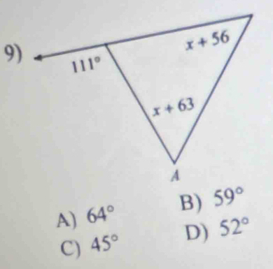 A) 64° B)
C) 45° D) 52°