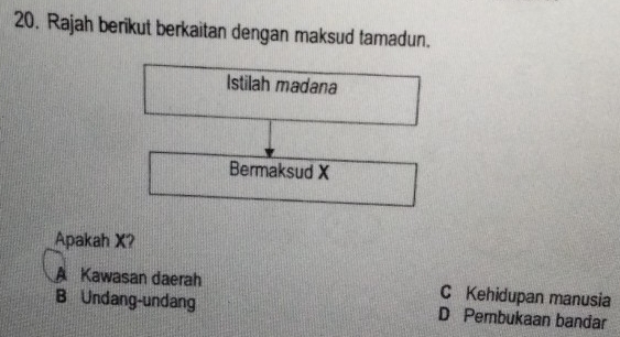 Rajah berikut berkaitan dengan maksud tamadun.
Istilah madana
Bermaksud X
Apakah X?
A Kawasan daerah C Kehidupan manusia
B Undang-undang D Pembukaan bandar