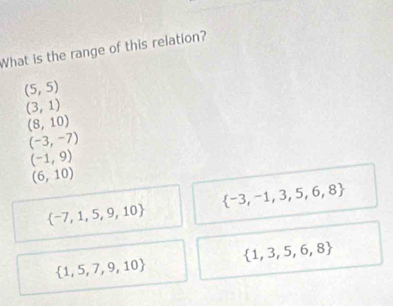 What is the range of this relation?
(5,5)
(3,1)
(8,10)
(-3,-7)
(-1,9)
(6,10)
 -3,-1,3,5,6,8
 -7,1,5,9,10
 1,3,5,6,8
 1,5,7,9,10