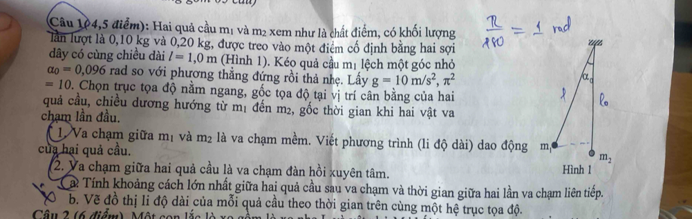 Câu 104,5 điểm): Hai quả cầu mị và: m_2 xem như là chất điểm, có khối lượng
lần lượt là 0,10 kg và 0,20 kg, được treo vào một điểm cố định bằng hai sợi
dây có cùng chiều dài l=1,0m (Hình 1). Kéo quả cầu mị lệch một góc nhỏ
alpha _0=0,096 rad so với phương thẳng đứng rồi thả nhẹ. Lấy g=10m/s^2,π^2
=10 0. Chọn trục tọa độ nằm ngang, gốc tọa độ tại vị trí cân bằng của hai
quả cầu, chiều dương hướng từ mị đến m2, gốc thời gian khi hai vật va
chạm lần đầu.
1 Va chạm giữa mị và m_2 là va chạm mềm. Viết phương trình (li độ dài) dao động . 
của hại quả cầu.
2. Va chạm giữa hai quả cầu là va chạm đàn hồi xuyên tâm. Hình 1
a Tính khoảng cách lớn nhất giữa hai quả cầu sau va chạm và thời gian giữa hai lần va chạm liên tiếp.
b. Vẽ đồ thị li độ dài của mỗi quả cầu theo thời gian trên cùng một hệ trục tọa độ.
Câu 2 (6 điểm) Một