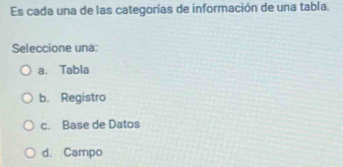 Es cada una de las categorías de información de una tabla.
Seleccione una:
a. Tabla
b. Registro
c. Base de Datos
d. Campo