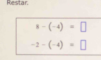 Restar.
8-(-4)=□
-2-(-4)=□