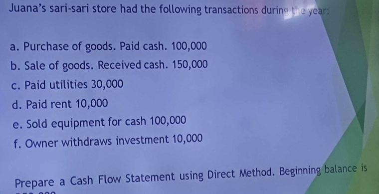 Juana's sari-sari store had the following transactions during the year : 
a. Purchase of goods. Paid cash. 100,000
b. Sale of goods. Received cash. 150,000
c. Paid utilities 30,000
d. Paid rent 10,000
e. Sold equipment for cash 100,000
f. Owner withdraws investment 10,000
Prepare a Cash Flow Statement using Direct Method. Beginning balance is