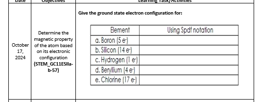 Learming Task/ Actioies
Give the ground state electron configuration for:
Determine the
magnetic property
October of the atom based
17, on its electronic
2024 configuration
(STEM GC11ESIIa-
b-57)