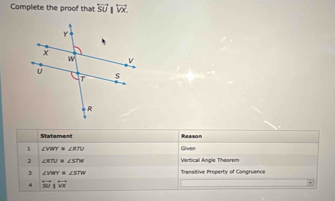 Complete the proof that overleftrightarrow SU||overleftrightarrow VX. 
Statement Reason 
1 ∠ VWY≌ ∠ RTU Given 
2 ∠ RTU≌ ∠ STW Vertical Angle Theorem 
3 ∠ VWY≌ ∠ STW Transitive Property of Congruence 
4 overleftrightarrow SU|overleftrightarrow VX