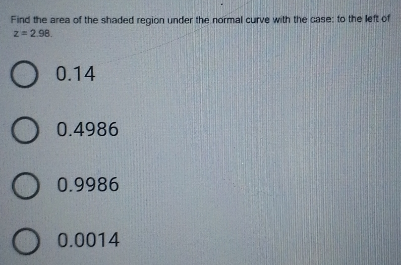 Find the area of the shaded region under the normal curve with the case: to the left of
z=2.98.
0.14
0.4986
0.9986
0.0014