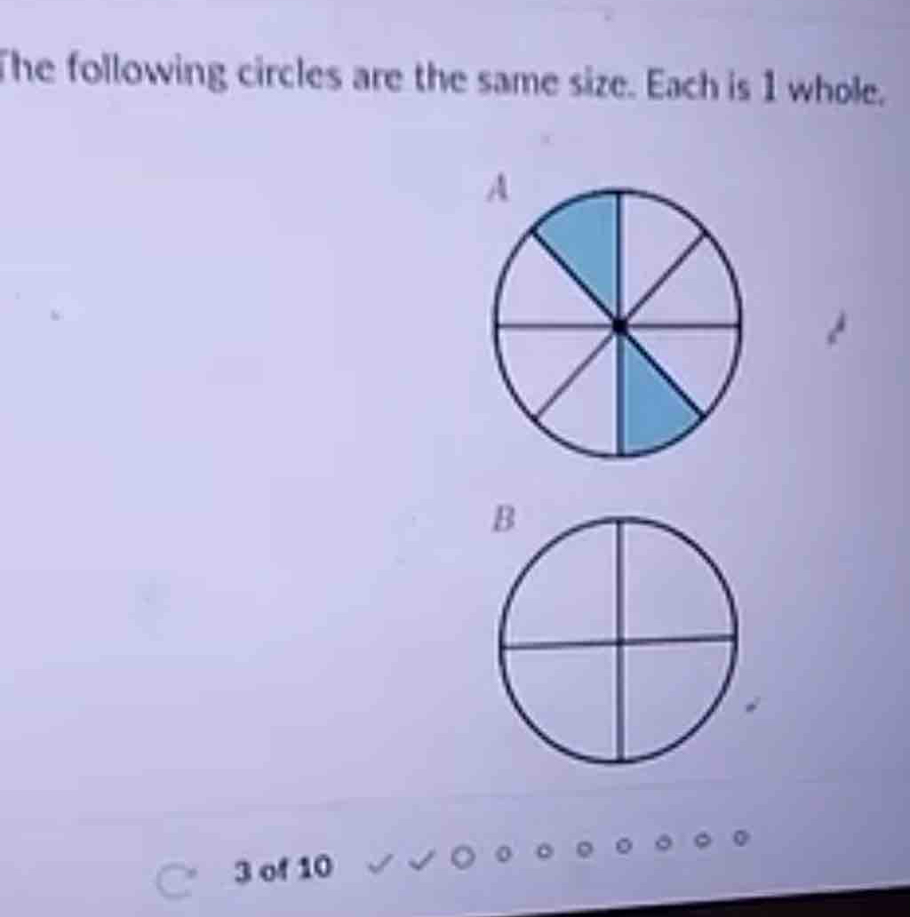Solved: The following circles are the same size. Each is 1 whole. 3 of ...