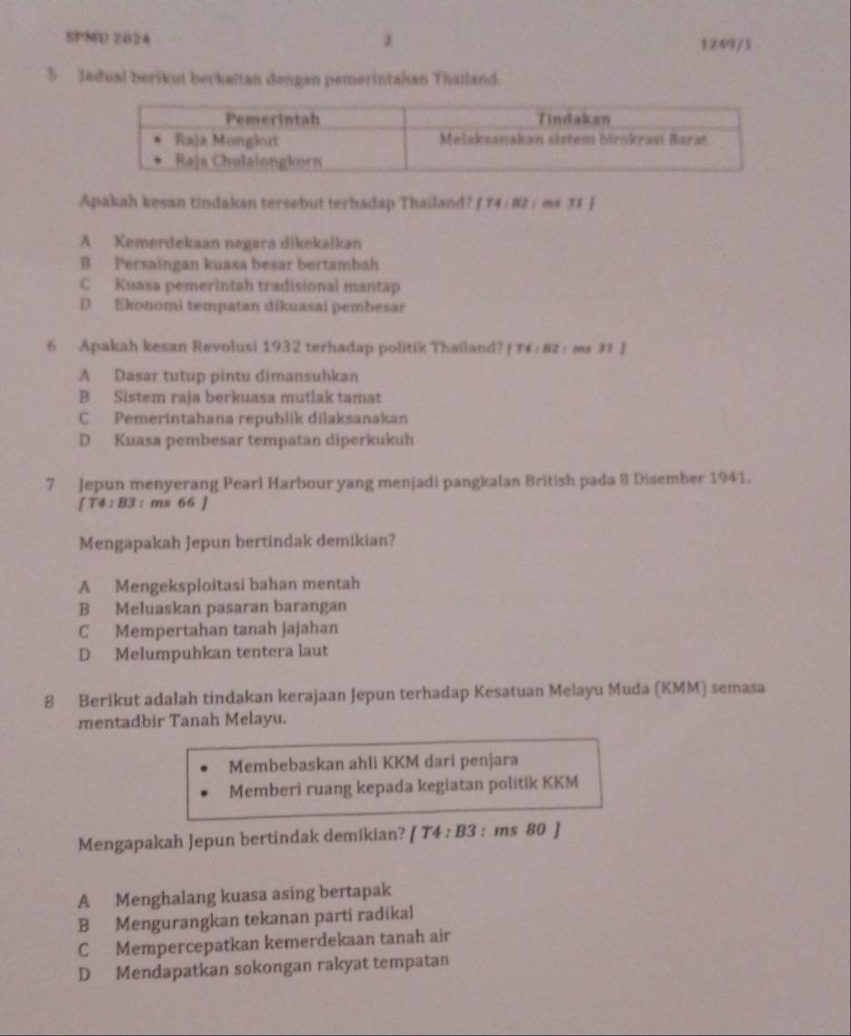 SPMU 2024 1 1209/5
5 Jadual berikut berkaitan dengan pemerintahan Thailand.
Apakah kesan tindakan tersebut terhadap Thailand? f 14 : 82 : ms 31 ]
A Kemerdekaan negara dikekalkan
B Persaingan kuasa besar bertambah
C Kuasa pemerintah tradisional mantap
D Ekonomi tempatan dikuasai pembesar
6 Apakah kesan Revolusi 1932 terhadap politik Thailand? [ 74 : 82 : m# 21 ]
A Dasar tutup pintu dimansuhkan
B Sistem raja berkuasa mutlak tamat
C Pemerintahana republik dilaksanakan
D Kuasa pembesar tempatan diperkukuh
7 Jepun menyerang Pearl Harbour yang menjadi pangkalan British pada 8 Disember 1941.
[ T4 : B3: ms 66 ]
Mengapakah Jepun bertindak demikian?
A Mengeksploitasi bahan mentah
B Meluaskan pasaran barangan
C Mempertahan tanah jajahan
D Melumpuhkan tentera laut
8 Berikut adalah tindakan kerajaan Jepun terhadap Kesatuan Melayu Muda (KMM) semasa
mentadbir Tanah Melayu.
Membebaskan ahli KKM dari penjara
Memberi ruang kepada kegiatan politik KKM
Mengapakah Jepun bertindak demikian? [ T4 :B : ms 80 ]
A Menghalang kuasa asing bertapak
B Mengurangkan tekanan parti radikal
C Mempercepatkan kemerdekaan tanah air
D Mendapatkan sokongan rakyat tempatan