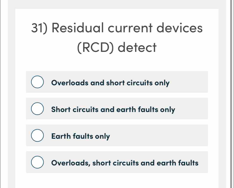 Residual current devices
(RCD) detect
Overloads and short circuits only
Short circuits and earth faults only
Earth faults only
Overloads, short circuits and earth faults