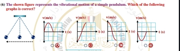 (6) The shown figure represents the vibrational motion of a simple pendulum. Which of the following
graphs is correct?
v(m/s) v(m/s) v(m/s)
t(s)
B