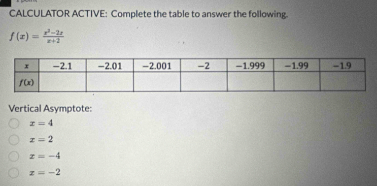 CALCULATOR ACTIVE: Complete the table to answer the following.
f(x)= (x^2-2x)/x+2 
Vertical Asymptote:
x=4
x=2
x=-4
x=-2