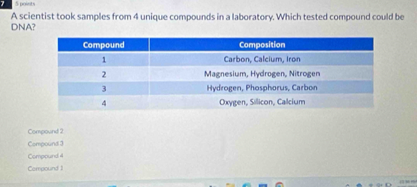 7 5 points
A scientist took samples from 4 unique compounds in a laboratory. Which tested compound could be
DNA?
Compound 2
Compound 3
Compound 4
Compound 1