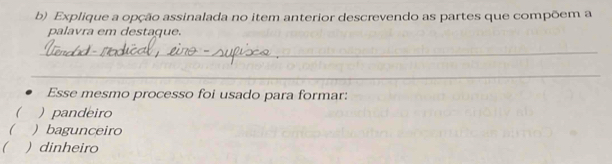 Explique a opção assinalada no item anterior descrevendo as partes que compõem a
palavra em destaque.
_
_
Esse mesmo processo foi usado para formar:
( ) pandeiro
 ) bagunceiro
( )dinheiro