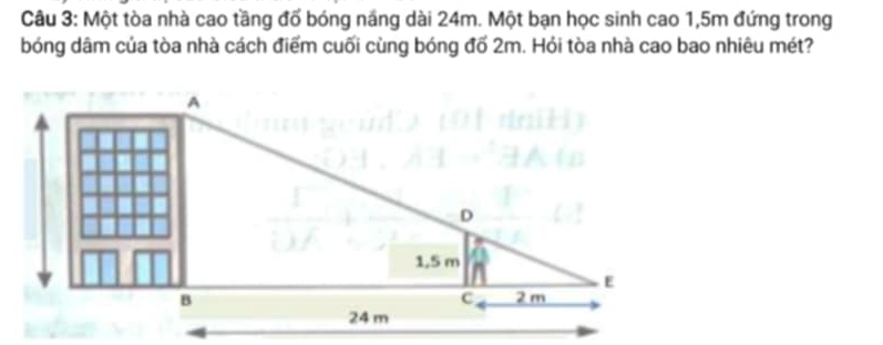 Một tòa nhà cao tầng đố bóng năng dài 24m. Một bạn học sinh cao 1,5m đứng trong 
bóng dâm của tòa nhà cách điểm cuối cùng bóng đố 2m. Hỏi tòa nhà cao bao nhiêu mét?