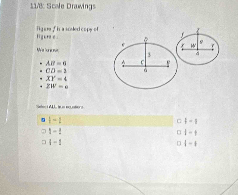 11/8: Scale Drawings
Figure / is a scaled copy of 
Figure e 
We know:
AB=6
CD=3
XY=4
ZW=a
Select ALL true equations
。  6/3 = 4/a 
 6/3 = a/3 
 6/4 = 3/a 
 6/4 =frac 3
 3/4 = 6/a 
 3/4 =frac 6