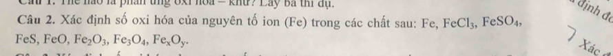 hr 1. The nào là phân tng 8ki hoa = khứ? Láy ba thi đụ. 
định đ 
Câu 2. Xác định số oxi hóa của nguyên tố ion (Fe) trong các chất sau: Fe, FeCl₃, FeSO₄,
FeS, FeO, Fe_2O_3, Fe_3O_4, Fe_xO_y. 
Xác đ