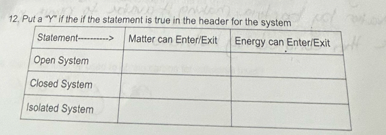 Put a “ Y ” if the if the statement is tr