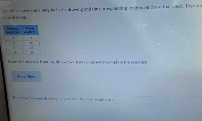 The table shows some lengths in the drawing and the corresponding lengths on the actual court. Explain 
scale drawing. 
Select the answers from the drop-down lists to correctly complete the sentence. 
Show Hints 
The ratios between drawing lengths and the court lengths are □ :□