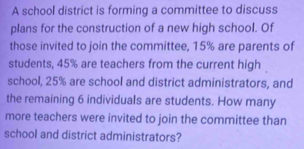 A school district is forming a committee to discuss 
plans for the construction of a new high school. Of 
those invited to join the committee, 15% are parents of 
students, 45% are teachers from the current high 
school, 25% are school and district administrators, and 
the remaining 6 individuals are students. How many 
more teachers were invited to join the committee than 
school and district administrators?