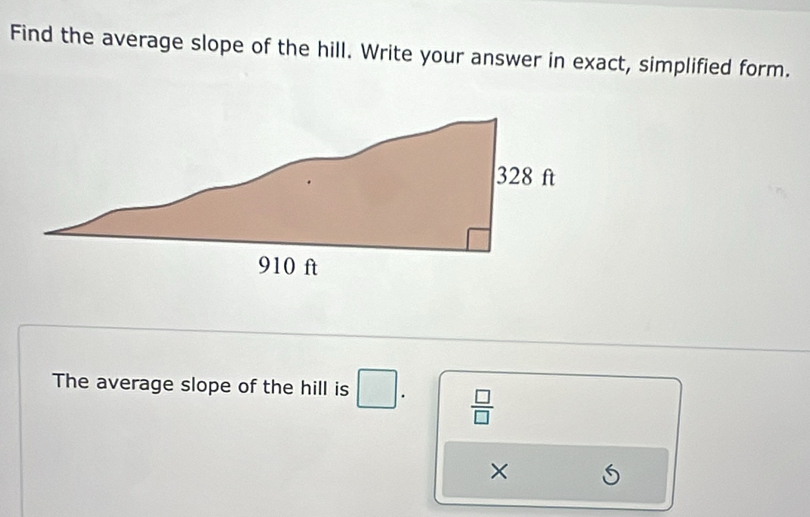 Find the average slope of the hill. Write your answer in exact, simplified form. 
The average slope of the hill is □.  □ /□  
×