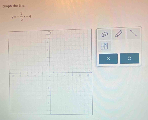 Graph the line.
y=- 2/5 x-4
×