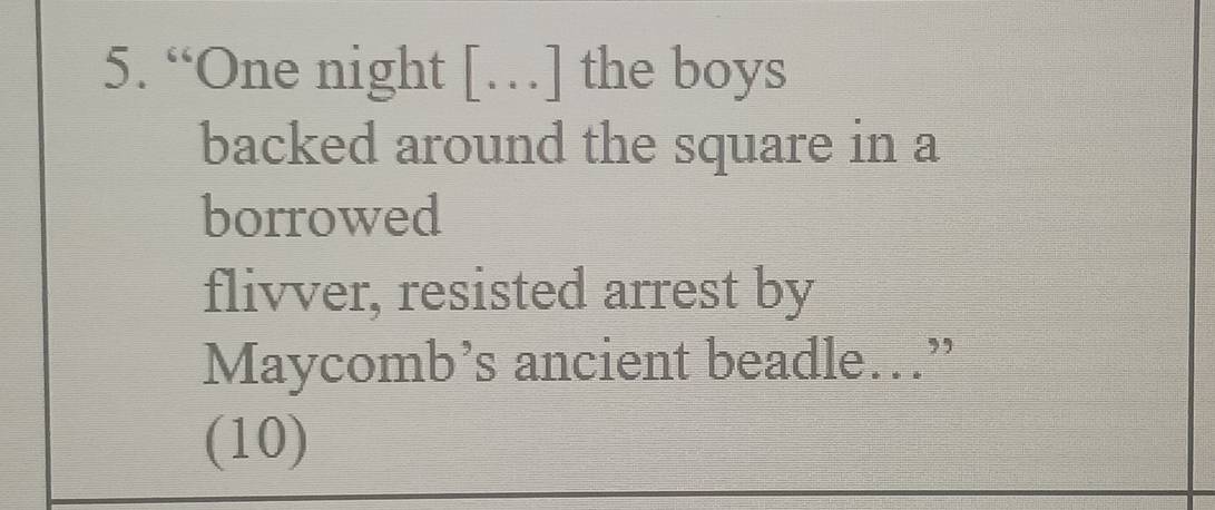 “One night […] the boys 
backed around the square in a 
borrowed 
flivver, resisted arrest by 
Maycomb’s ancient beadle…” 
(10)