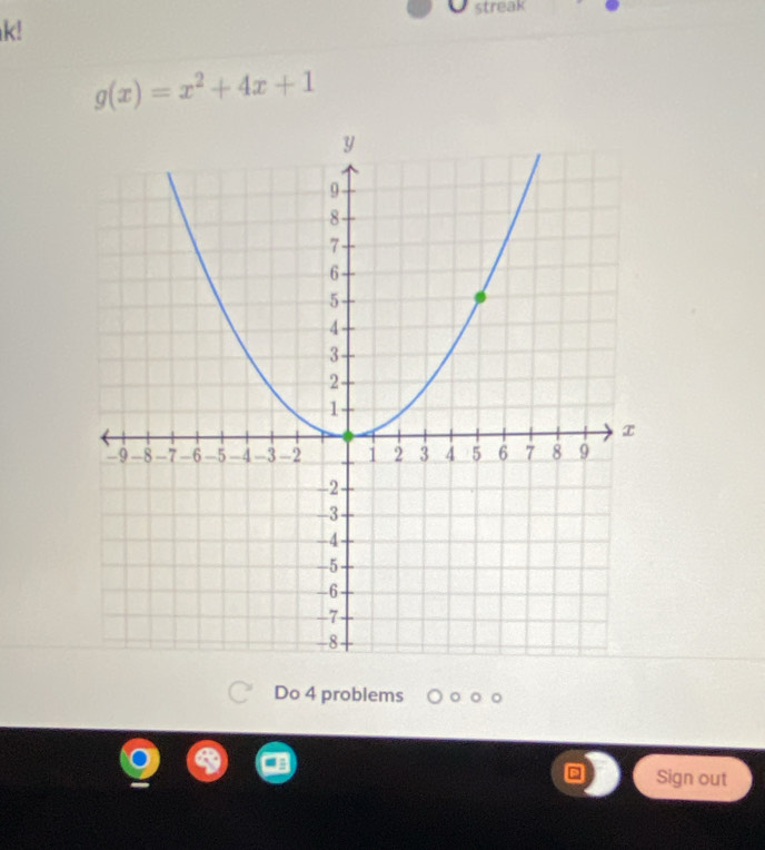 streak 
k!
g(x)=x^2+4x+1
Do 4 problems 
Sign out