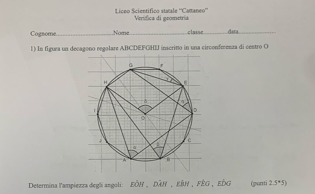 Liceo Scientifico statale “Cattaneo” 
Verifica di geometria 
Cognome_ .Nome._ classe _data_ 
1) In figura un decagono regolare ABCDEFGHIJ inscritto in una circonferenza di centro O 
Determina l'ampiezza degli angoli: Ehat OH, Dhat AH, Ehat BH, Fhat EG, Ehat DG (punti 2.5^*5)