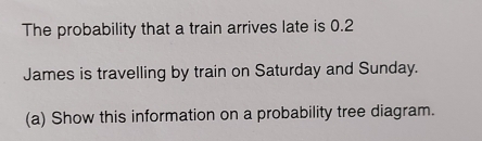 The probability that a train arrives late is 0.2
James is travelling by train on Saturday and Sunday. 
(a) Show this information on a probability tree diagram.