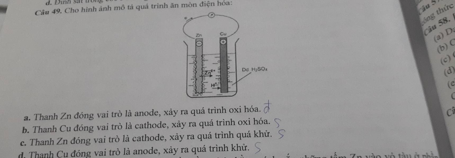 Đình sắt trong
Câu 49. Cho hình ảnh mô tả quá trình ăn mòn điện hóa:
ậu 5
tông thức
Câu 58.
(a) D:
(b) C
(c)
(d)
(e
(
a. Thanh Zn đóng vai trò là anode, xảy ra quá trình oxi hóa.
Câ
b. Thanh Cu đóng vai trò là cathode, xảy ra quá trình oxi hóa.
c. Thanh Zn đóng vai trò là cathode, xảy ra quá trình quá khử.
d. Thanh Cu đóng vai trò là anode, xảy ra quá trình khử.
o vô tàu ở phản