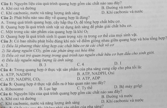 Nguyên liệu của quá trình quang hợp gồm các chất nào sau đây?
A. Khí oxi và đường B. Đường và nước
C. Khí cacbonic, nước và năng lượng ánh sáng D. Khí cacbonic và nước
Câu 2: Phát biểu nào sau đây về quang hợp là đúng?
A. Trong quá trình quang hợp, cây hấp thụ O_2 đề tổng hợp chất hữu cơ.
B. Quang hợp là quá trình sinh vật sử dụng ánh sáng để phân giải chất hữu cơ.
C. Một trong các sản phẩm của quang hợp là khí O_2
D. Quang hợp là quá trình sinh lí quan trọng xảy ra trong cơ thể của mọi sinh vật.
Câu 3: Có bao nhiêu phát biểu đúng khi nói về điểm giống nhau giữa quang hợp và hóa tổng hợp?
1) Đều là phương thức tổng hợp các chất hữu cơ từ các chất vô cơ
2) Sử dụng nguồn CO_2 1 gồm các phản ứng oxi hỏa khử.
3) Đều có vai trò quan trọng trong quá trình tạo nguồn chất hữu cơ ban đầu cho sinh giới.
4) Đều lấy nguồn năng lượng là ánh sáng.
A. 2 B. 3 C. 4 D. 1
Câu 4: Trong quang hợp ở thực vật sản phẩm của pha sáng cung cấp cho pha tối là:
A. ATP, NADPH B. ATP, NADPH, Oxi
C. ATP, NADPH, CO_2 D. ATP, ADP
Câu 5: Quang hợp ở thực vật diễn ra ở bào quan nào sau đây?
A. Ribosome B. Lục lạp C. Ty thể D. Bộ máy golgi
Câu 6: Nguyên liệu của quá trình quang hợp gồm các chất nào sau đây?
A. Khí oxi và đường B. Đường và nước
C. Khí cacbonic, nước và năng lượng ánh sáng D. Khí cacbonic và nước
n      g nhải sản phẩm của pha sáng  ?