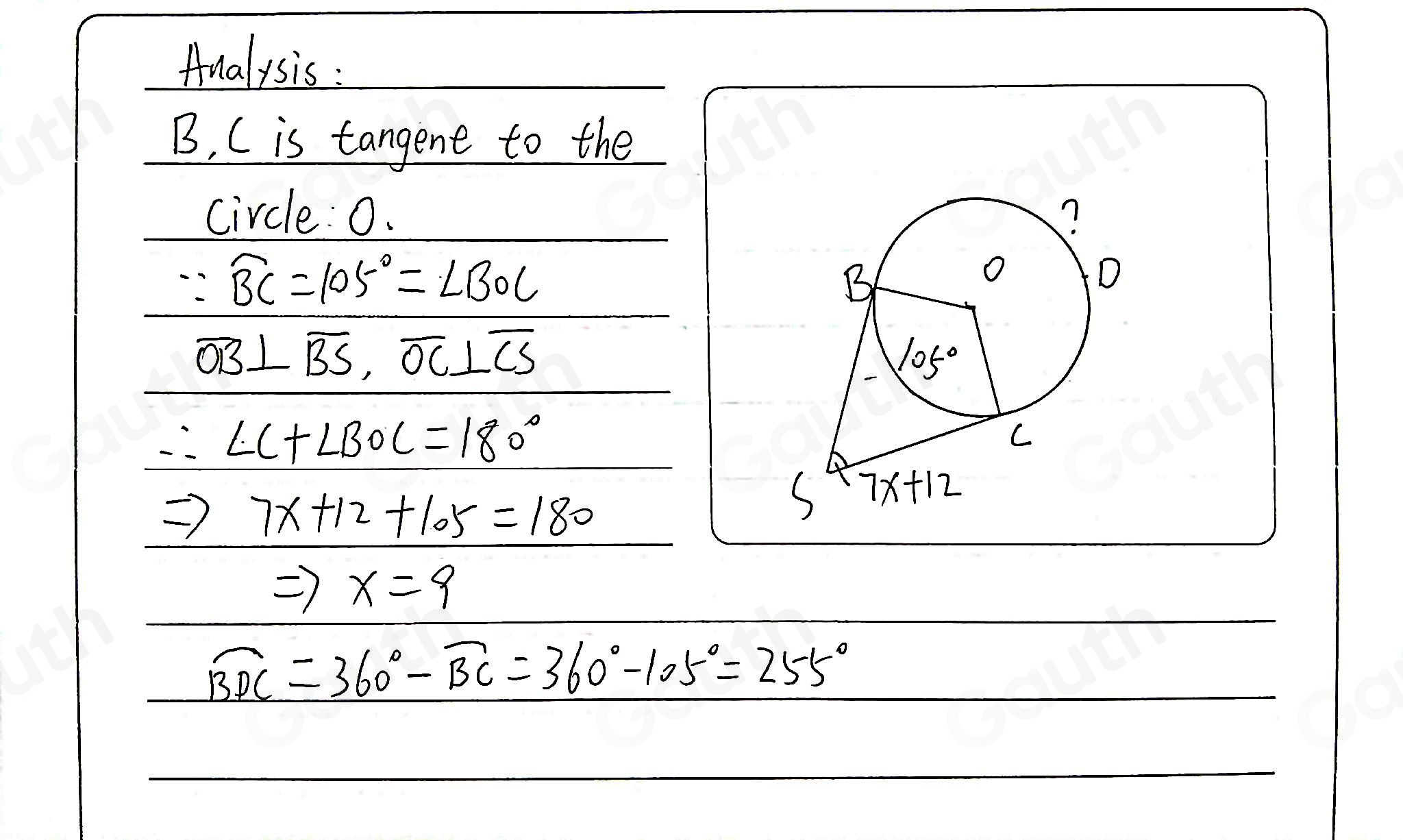 Analysis: 
B. C is tangene to the 
circle: 0.
∵ widehat BC=105°=∠ BOC
overline OB⊥ overline BS, overline OC⊥ overline CS
∴ ∠ C+∠ BOC=180°
Rightarrow 7x+12+105=180
Rightarrow x=9
widehat BDC=360°-widehat BC=360°-105°=255°