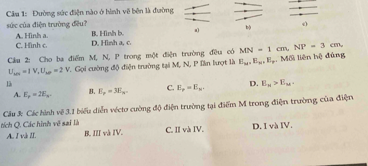 Đường sức điện nào ở hình vẽ bên là đường
sức của điện trường đều? c)
A. Hình a. B. Hình b. a) b)
C. Hình c. D. Hình a, c.
Câu 2: Cho ba điểm M, N, P trong một điện trường đều có MN=1cm, NP=3cm,
U_MN=1V, U_MP=2V T. Gọi cường độ điện trường tại M, N, P lần lượt là E_M, E_N, E_P Mối liên hệ đúng
là
A. E_P=2E_N. B. E_p=3E_N. C. E_P=E_N. D. E_N>E_M. 
Câu 3: Các hình vẽ 3.1 biểu diễn véctơ cường độ điện trường tại điểm M trong điện trường của điện
tích Q. Các hình vẽ sai là
A. I và II. B. III và IV. C. II và IV. D. I và IV.