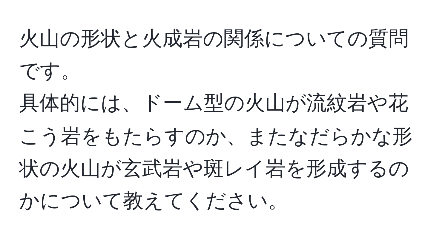 火山の形状と火成岩の関係についての質問です。  
具体的には、ドーム型の火山が流紋岩や花こう岩をもたらすのか、またなだらかな形状の火山が玄武岩や斑レイ岩を形成するのかについて教えてください。