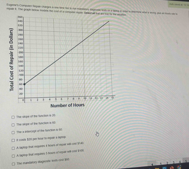 Auto saved at: 12.18
Eugene's Computer Repair charges a one-time fee to run mandatory diagnostic tests on a laptop in order to determine what is wrong, plus an hourly rate to
repair it. The graph below models the cost of a computer repair. Select alf thatuation.
5
Number of H
The slope of the function is 20.
The slope of the function is 60
The x-intercept of the function is 60
It costs $20 per hour to repair a laptop.
A laptop that requires 4 hours of repair will cost $140
A laptop that requires 5 hours of repair will cost $100
The mandatory diagnostic tests cost $60
1 2 3 4 5