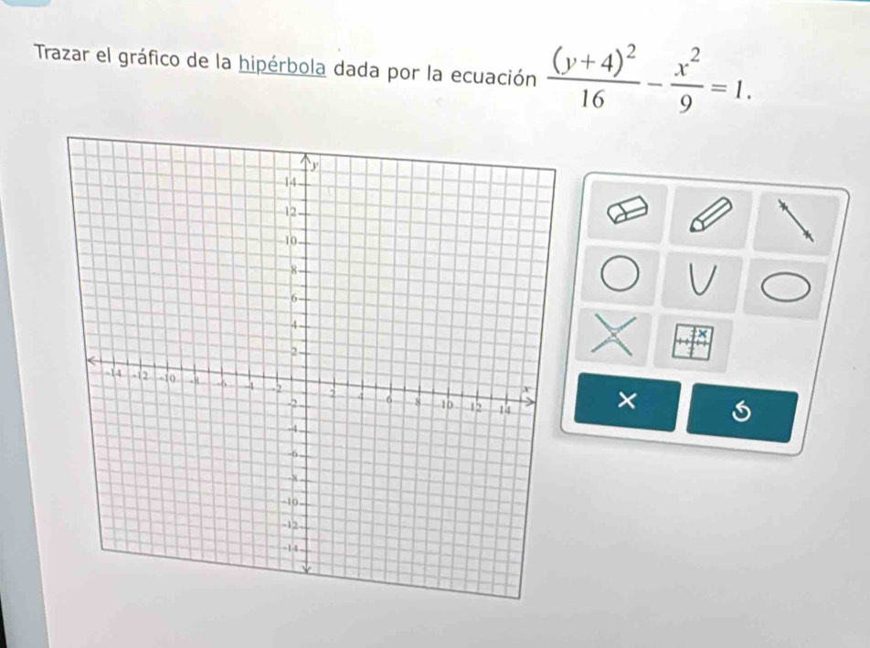 Trazar el gráfico de la hipérbola dada por la ecuación frac (y+4)^216- x^2/9 =1. 
| 
I 
×