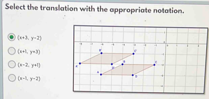 Select the translation with the appropriate notation.
(x+3,y-2)
(x+1,y+3)
(x-2,y+1)
(x-1,y-2)