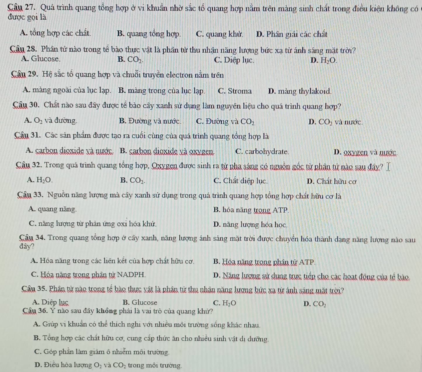 Cầu 27. Quá trình quang tổng hợp ở vi khuẩn nhờ sắc tổ quang hợp nằm trên màng sinh chất trong điều kiện không có
được gọi là
A. tổng hợp các chất. B. quang tổng hợp. C. quang khử D. Phân giải các chất
Câu 28. Phân tử nào trong tể bào thực vật là phần tử thu nhận năng lượng bức xạ từ ánh sáng mặt trời
A. Glucose. B. CO_2. C. Diệp lục. D. H_2O.
Câu 29. Hệ sắc tổ quang hợp và chuỗi truyền electron nằm trên
A. màng ngoài của lục lạp. B. màng trong của lục lạp. C. Stroma D. màng thylakoid.
Câu 30. Chất nào sau đây được tể bào cây xanh sử dụng làm nguyên liệu cho quá trình quang hợp?
A. O_2 và đường. B. Đường và nước. C. Đường và CO_2 D. CO_2 và nước.
Câu 31. Các sản phẩm được tạo ra cuồi cùng của quá trình quang tổng hợp là
A carbon dioxide và nước. B. carbon dioxide và oxygen. C. carbohydrate. D. 9xygen và nước.
Câu 32. Trong quá trình quang tổng hợp, Qxygen được sinh ra từ pha sáng có nguồn gốc từ phân tử nào sau đây?
A. H_2O. B. CO_2. C. Chất diệp lục. D. Chất hữu cơ
Câu 33. Nguồn năng lượng mà cây xanh sử dụng trong quá trình quang hợp tổng hợp chất hữu cơ là
A. quang năng. B. hóa năng trong ATP.
C. năng lượng từ phản ứng oxi hóa khử. D. năng lượng hóa học,
Cầu 34. Trong quang tổng hợp ở cây xanh, năng lượng ánh sảng mặt trời được chuyển hóa thành dạng năng lượng nào sau
đây?
A. Hóa năng trong các liên kết của hợp chất hữu cơ. B. Hóa năng trong phân tử ATP.
C. Hóa nặng trong phân tử NADPH. D. Năng lượng sử dụng trực tiển cho các hoạt động của tổ bào
Câu 35. Phân tử nào trong tể bào thực vật là phân tử thu nhân năng lượng bức xa từ ảnh sáng mặt trời?
A. Diệp lục B. Glucose C. H_2O D. CO_2
Câu 36. Ý nào sau đây không phải là vai trò của quang khử?
A. Giúp vi khuẩn có thể thích nghi với nhiều môi trường sống khác nhau.
B. Tổng hợp các chất hữu cơ, cung cấp thức ăn cho nhiều sinh vật dị dưỡng.
C. Góp phần làm giảm ô nhiễm môi trường.
D. Điều hòa lượng O_2 và CO_2 trong môi trường.