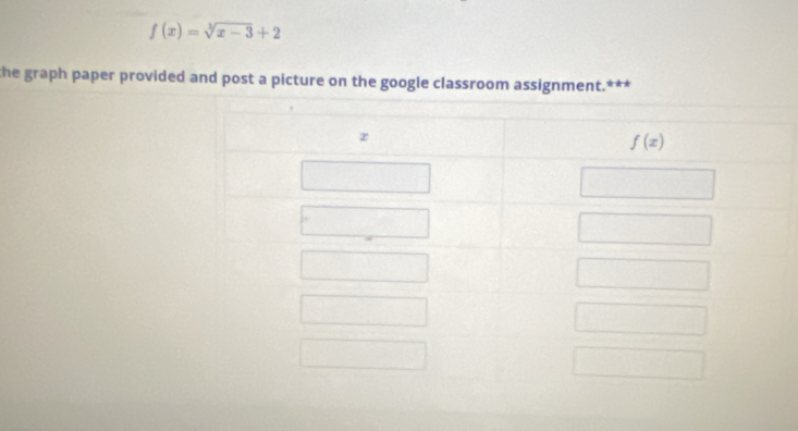 f(x)=sqrt[3](x-3)+2
the graph paper provided and post a picture on the google classroom assignment.***