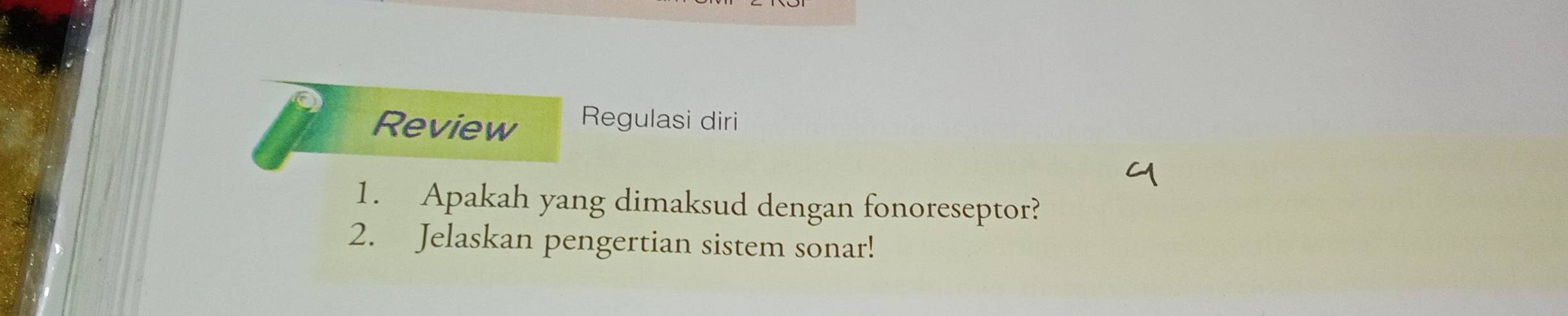 Review Regulasi diri 
1. Apakah yang dimaksud dengan fonoreseptor? 
2. Jelaskan pengertian sistem sonar!