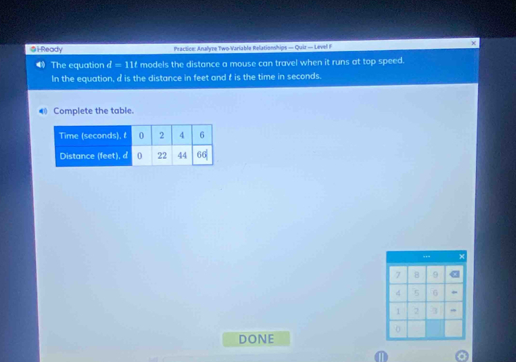 i-Ready Practice: Analyze Two-Variable Relationships — Quiz — Level F 
× 
The equation d=11t models the distance a mouse can travel when it runs at top speed. 
In the equation, d is the distance in feet and t is the time in seconds. 
Complete the table. 
.'' ×
7 8 9
4 5 G
1 2 93 ”
0
DONE