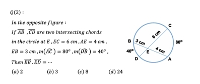 Q(2) :
In the opposite figure :
If overline AB,overline CD are two intersecting chords
in the circle at E , EC=6cm,AE=4cm,
EB=3cm,m(widehat AC)=80°,m(widehat DB)=40°,
Then vector EB· vector ED=·s
(a)2 (b) 3 (c) 8 (d) 24